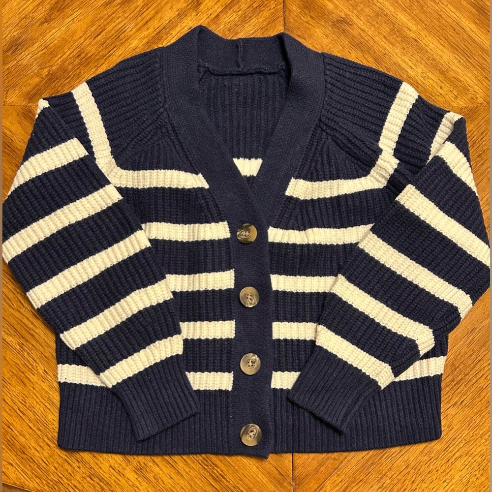Blue and White Striped Sweater Cardigan